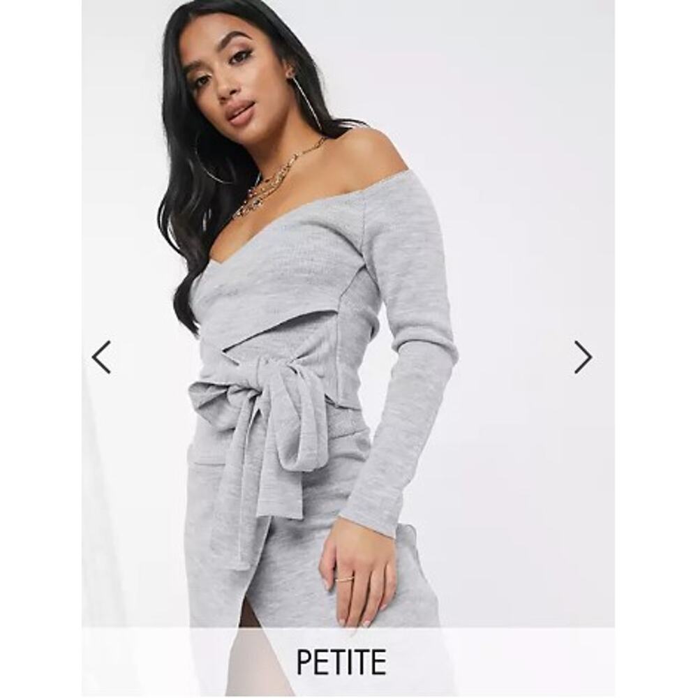 NWT Missguided Petite co-ord wrap knitted midi skirt in grey size 4 - Picture 2 of 5